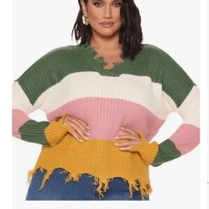 Full Circle Trends Multicolored Colorblock Striped Frayed Sweater